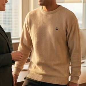 Ralph Lauren Chaps Cream and Gray Herringbone Knit Sweater Vintage 1990s